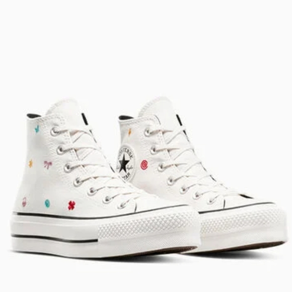 Converse Shoes - Converse White High-Top Platform Sneakers with Small Colorful Motifs